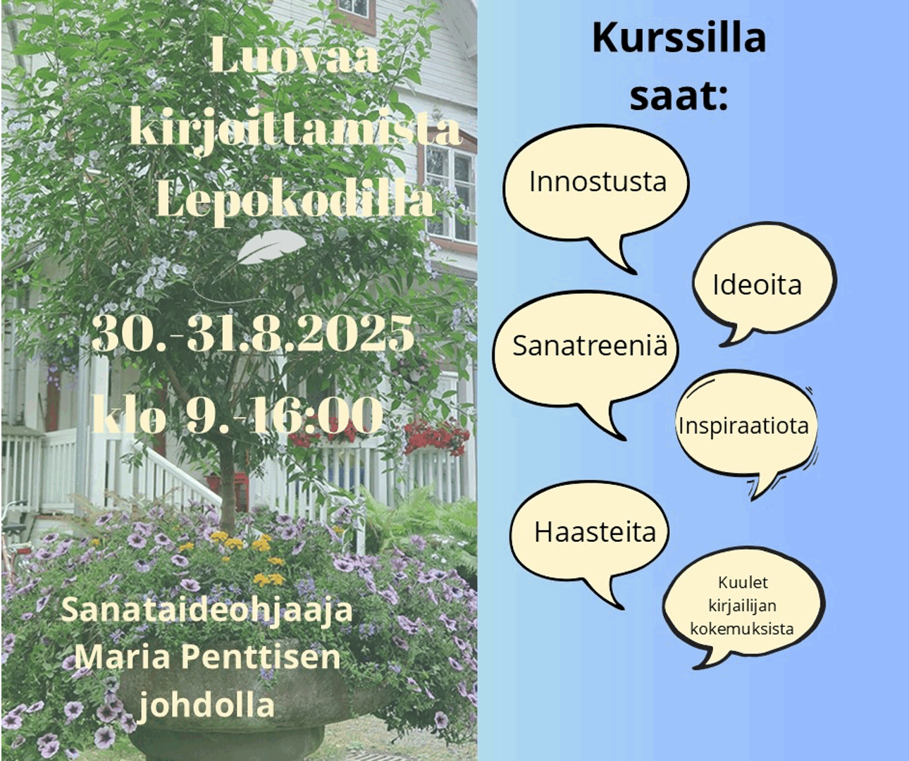 Ilmoitus Lepokodilla järjestetettävästä luovan kirjoittamisen kurssista 30.-31.8.2025.